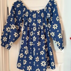 Billabong Blue and White Smocked Sundress with Bishop Sleeves